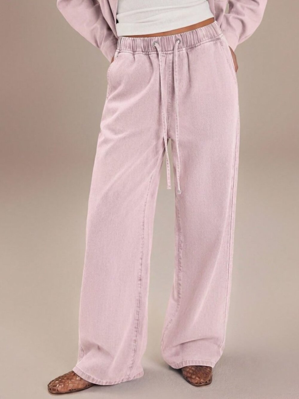 Pink Denim Wide Leg Drawstring Jeans - Extra Long